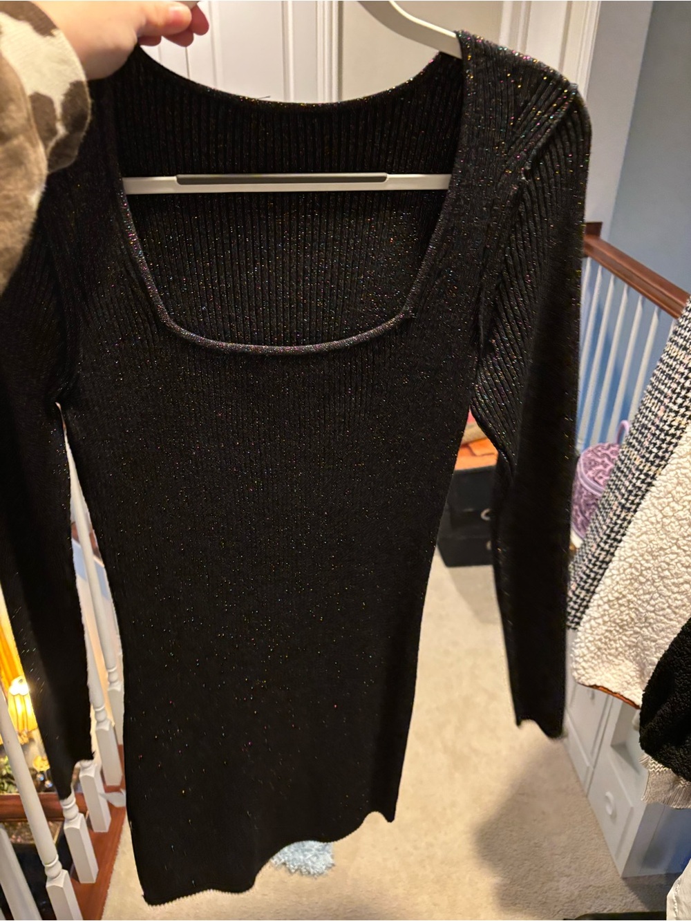 Express Black Long-Sleeve Sparkle Square Neck Dress